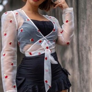 Dolls Kill Sheer White Wrap Blouse with Red roses Sz. M